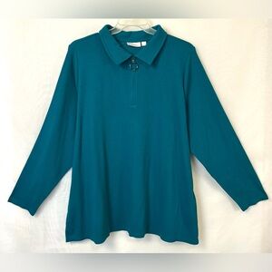 Belle by Kim Gravel Quarter Zip Womens Ribbed Knit Top / 3XL / Teal Green